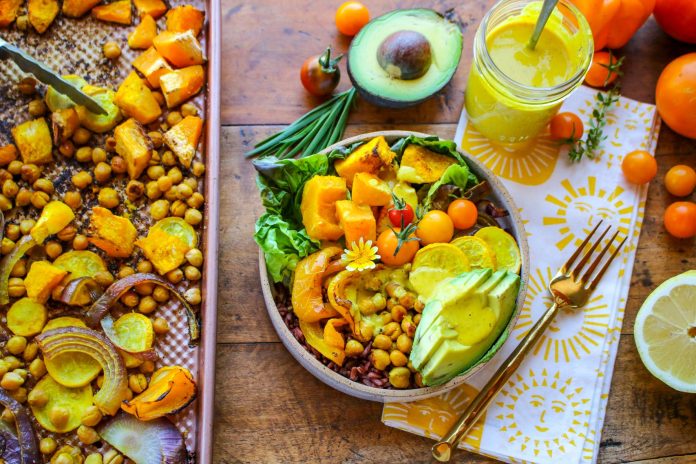 Golden Vegan Glow Bowl with Squash, Chickpeas & Turmeric Dressing
