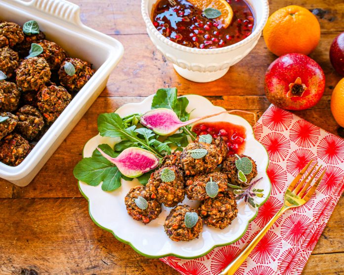 Sage White Bean Vegan Meatballs with Pomegranate Sauce