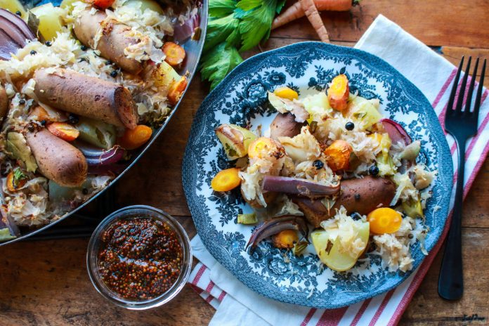 Vegan Choucroute Garnie (French Sauerkraut and Sausage)