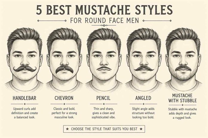 Best Mustache Styles for Round Face Men (Guide for Sharp Look)