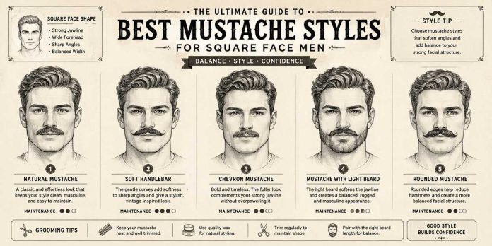 Best Mustache Styles for Square Face Men (Men's Grooming Guide)
