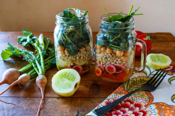 Mason Jar Kale Barley Salad with Turmeric Vinaigrette