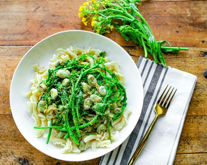 Rustic Pasta with Rapini, Fava Beans & Mushrooms
